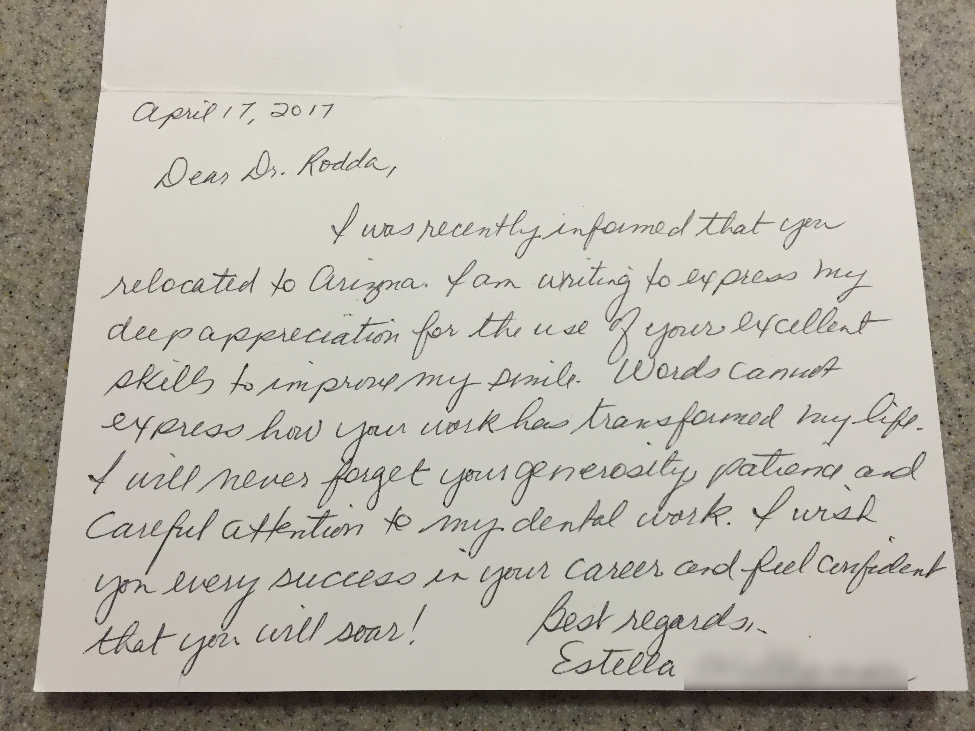 Handwritten card from dental patient at Complete Dental Care Paradise Valley