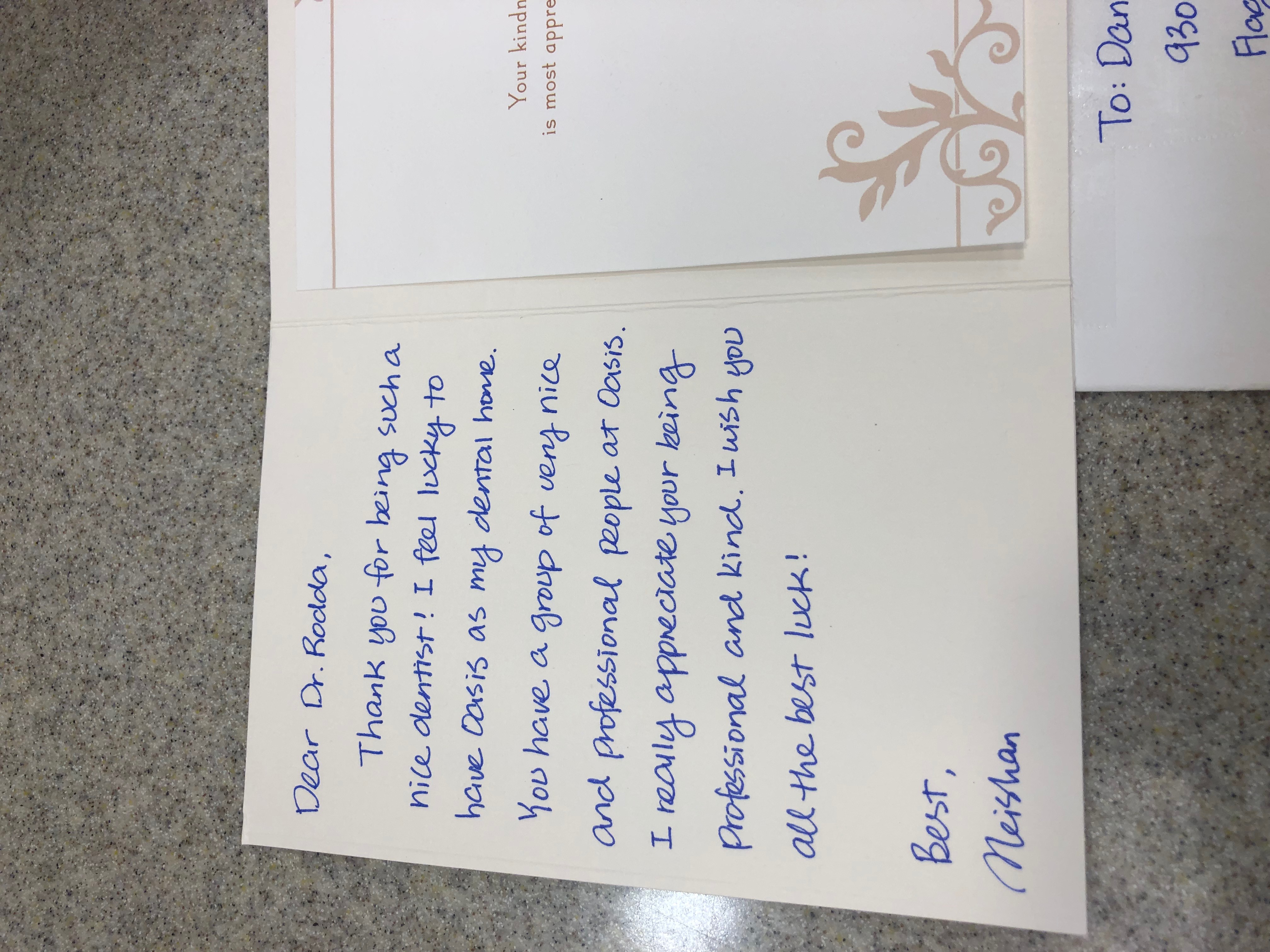 Handwritten card from dental patient in Phoenix